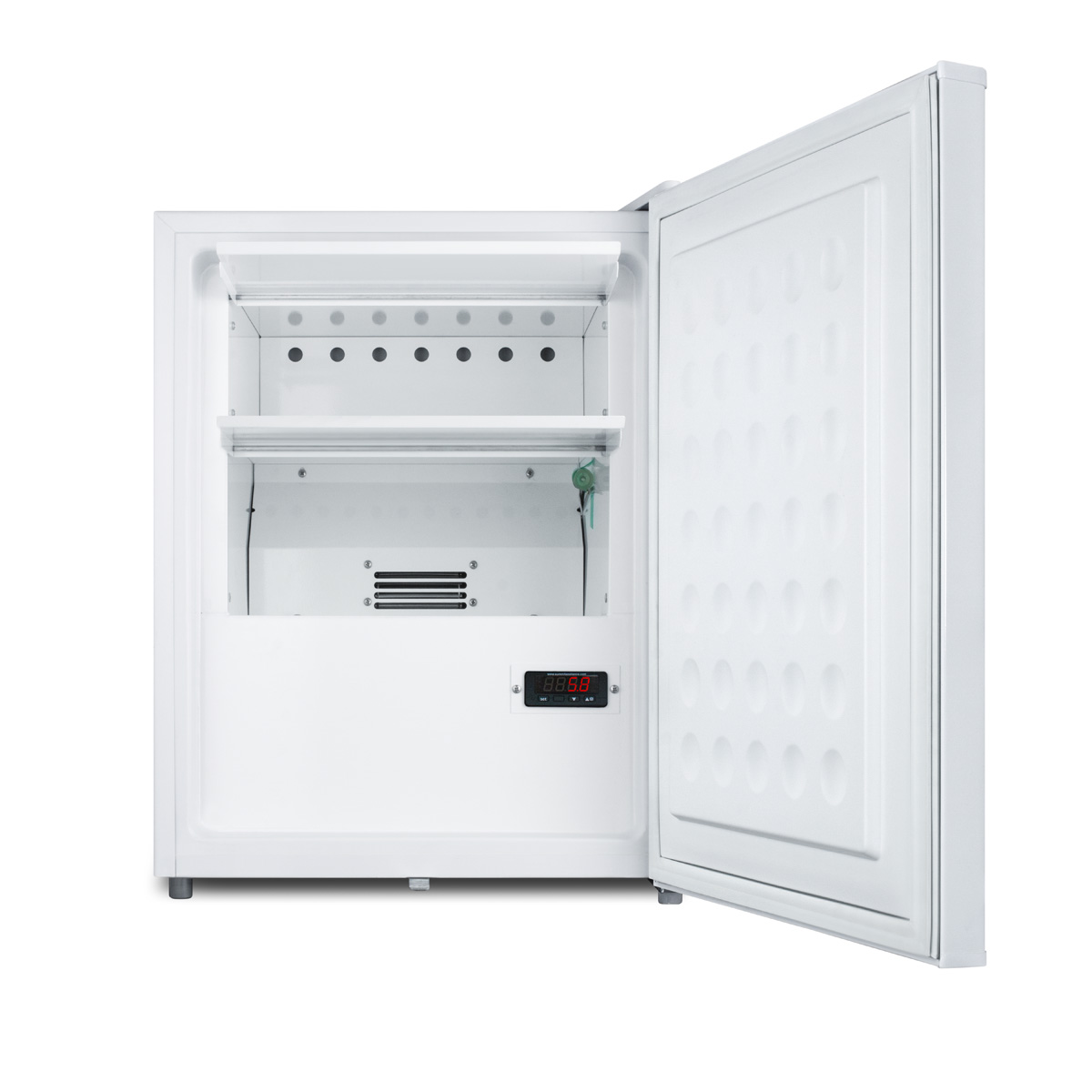 Compact medical all-refrigerator for temperature stable medical storage, with digital thermostat, lock, self-closing door, temperature alarm, and internal fan